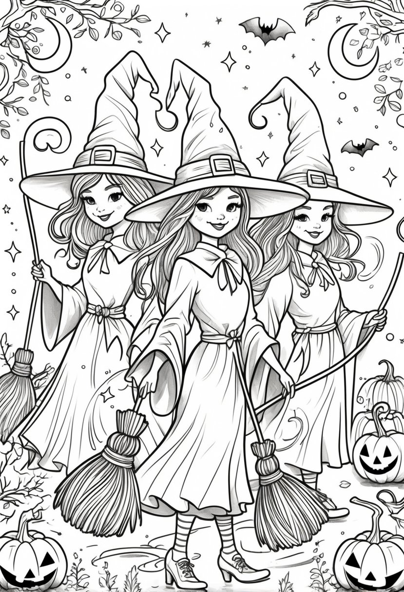 Halloween Coloring Pages for Kids Featuring 16 Cute and Friendly Characters and Scenes 20 A group of friendly witches holding and flying on brooms surrounded by pumpkins, crescent moons, stars, and small bats.